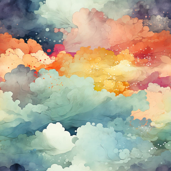 watercolor clouds, dreamy sky, sunset colors, coral pink, teal blue, golden yellow, peach orange, sage green, lavender purple, cream white, abstract painting, soft brushstrokes, ethereal atmosphere, cotton fabric, quilting panel, flowing design, whimsical clouds, artistic sky, pastel tones, celestial theme