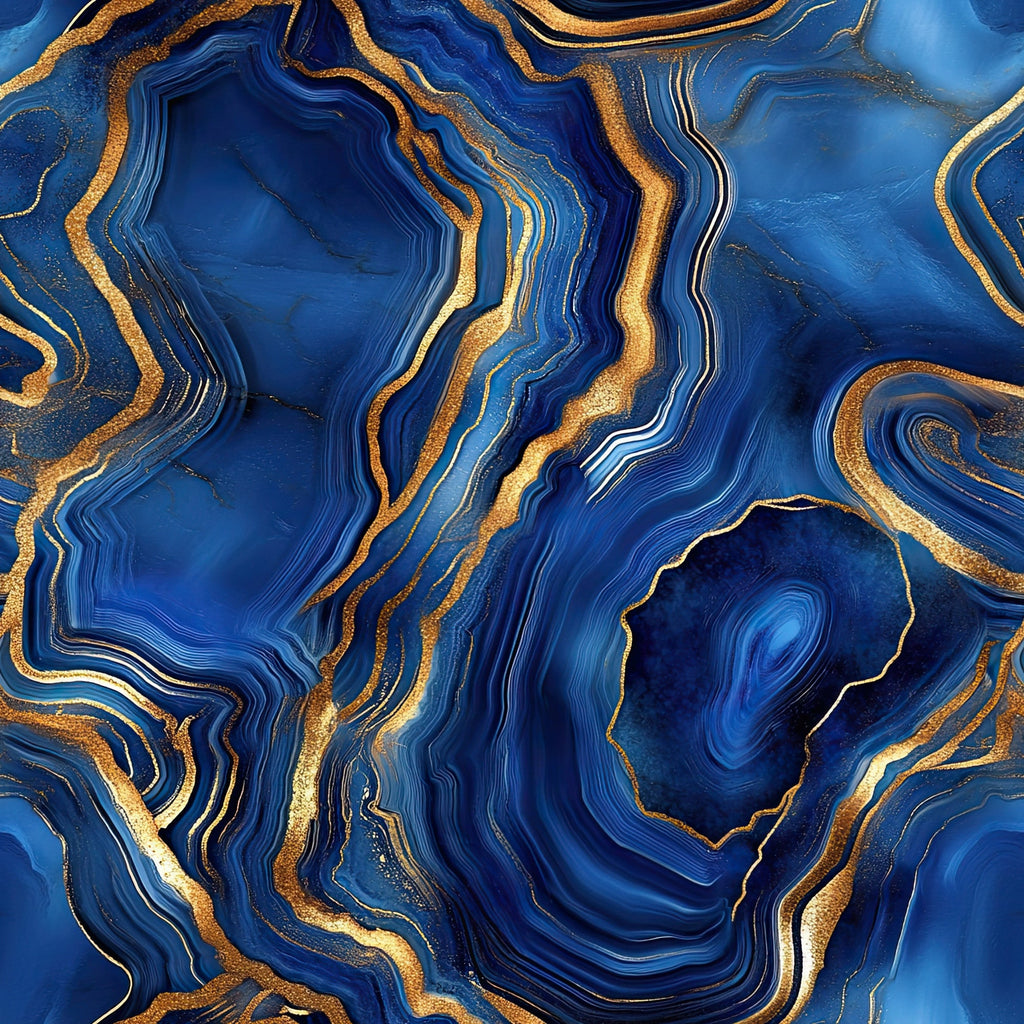 royal blue, gold, agate pattern, geode design, marble texture, swirling lines, organic shapes, luxurious, mineral formation, crystalline structure, flowing bands, metallic accents, natural stone, abstract design,, fabric panel, deep blue, golden veins, layered formations, sophisticated