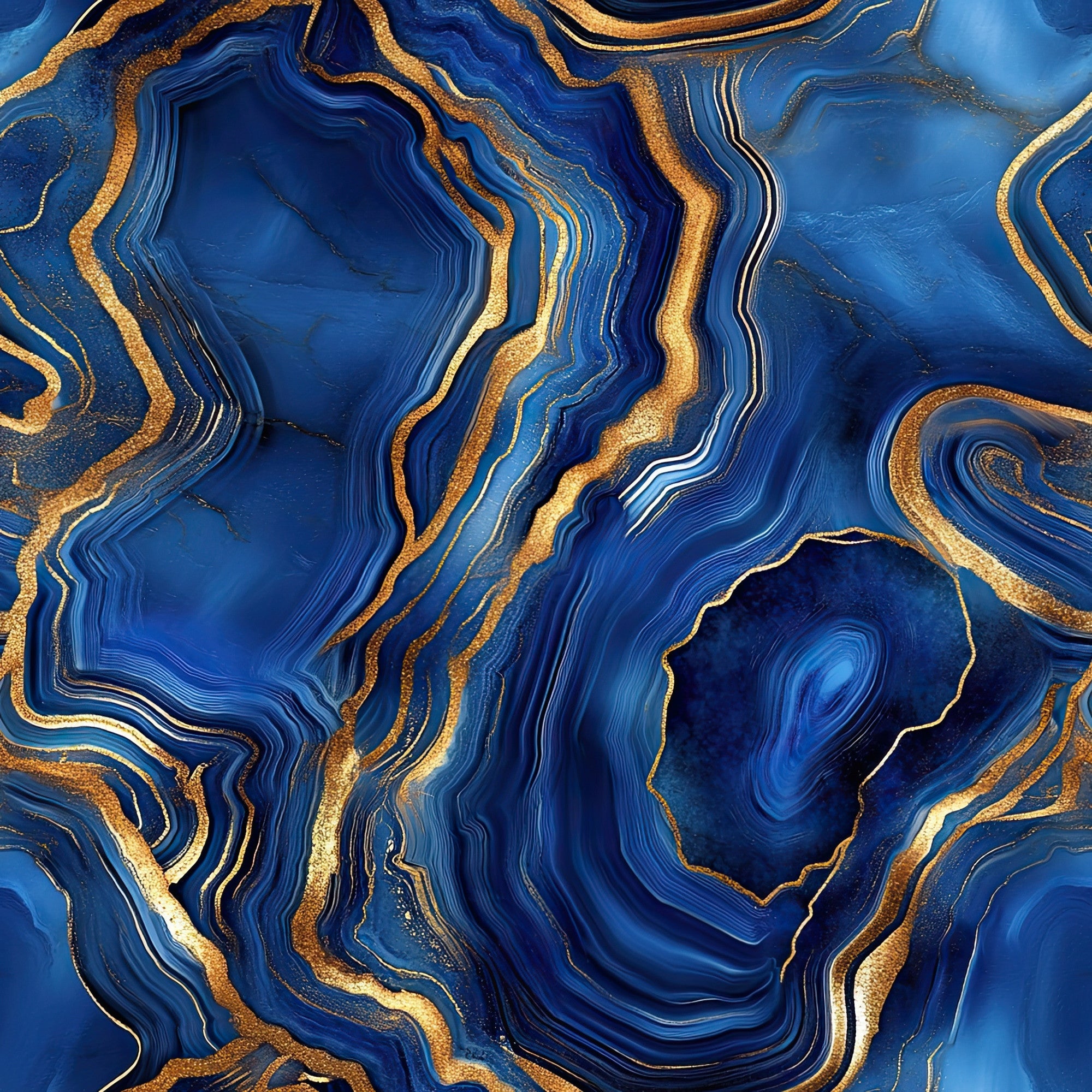 royal blue, gold, agate pattern, geode design, marble texture, swirling lines, organic shapes, luxurious, mineral formation, crystalline structure, flowing bands, metallic accents, natural stone, abstract design,, fabric panel, deep blue, golden veins, layered formations, sophisticated