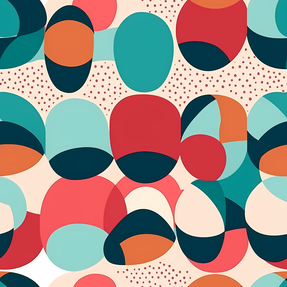 coral pink, navy blue, teal, light blue, burnt orange, cream, geometric, abstract, modern, contemporary, circles, ovals, retro, mid-century modern, whimsical, playful, dots, polka dots, colorful, vibrant, contemporary art, artistic, kids room, nursery, playroom, children's decor, fun, bold colors