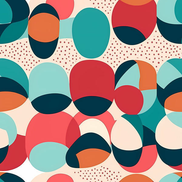 coral pink, navy blue, teal, light blue, burnt orange, cream, geometric, abstract, modern, contemporary, circles, ovals, retro, mid-century modern, whimsical, playful, dots, polka dots, colorful, vibrant, contemporary art, artistic, kids room, nursery, playroom, children's decor, fun, bold colors