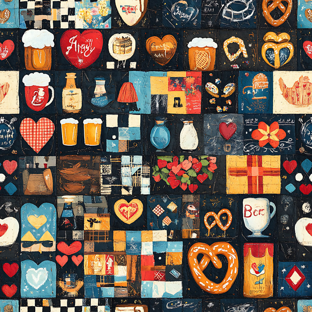 navy blue, cream, red, orange, gold, checkered, geometric, hearts, pretzels, beer mugs, bavarian, german, oktoberfest, vintage, retro, whimsical, folk art, rustic, cottage core, traditional, beer and pretzels, food theme, playful, whimsy, patchwork, mixed motifs, warm tones, country style, farmhouse