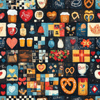 navy blue, cream, red, orange, gold, checkered, geometric, hearts, pretzels, beer mugs, bavarian, german, oktoberfest, vintage, retro, whimsical, folk art, rustic, cottage core, traditional, beer and pretzels, food theme, playful, whimsy, patchwork, mixed motifs, warm tones, country style, farmhouse