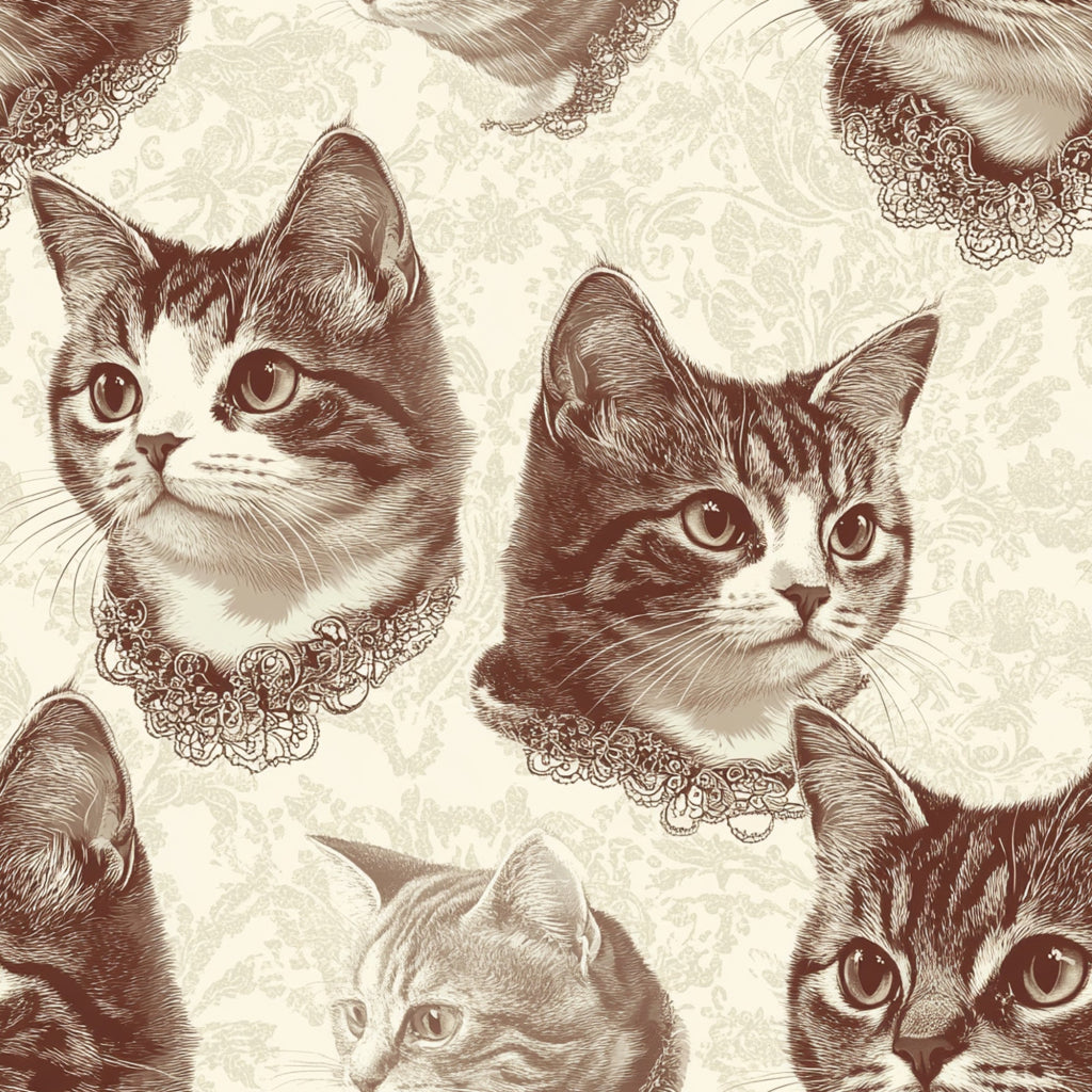 sepia, brown, cream, beige, vintage cats, feline portraits, lace collars, ornate lace, detailed engravings, etched illustration, victorian style, damask background,, fabric panel, cat faces, pet portraits, antique aesthetic, ornamental design, repeating pattern, nostalgic mood