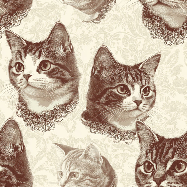 sepia, brown, cream, beige, vintage cats, feline portraits, lace collars, ornate lace, detailed engravings, etched illustration, victorian style, damask background,, fabric panel, cat faces, pet portraits, antique aesthetic, ornamental design, repeating pattern, nostalgic mood