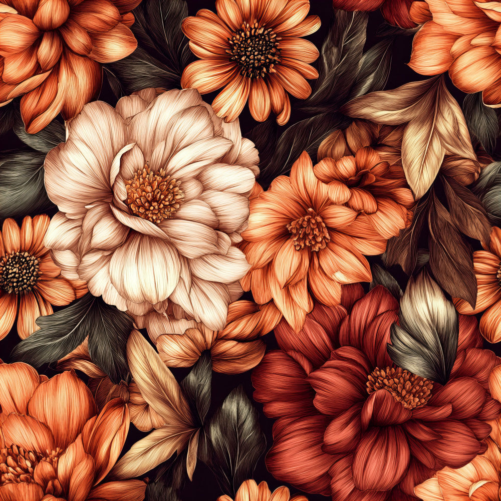 burnt orange, coral orange, cream, ivory, peachy pink, rust, deep red, black, dark brown, floral, dahlias, gerbera daisies, nature, botanical, garden, autumn, fall, elegant, romantic, vintage, traditional, flowers, petals, detailed, realistic, warm tones, rustic, classic, homeware, home decor