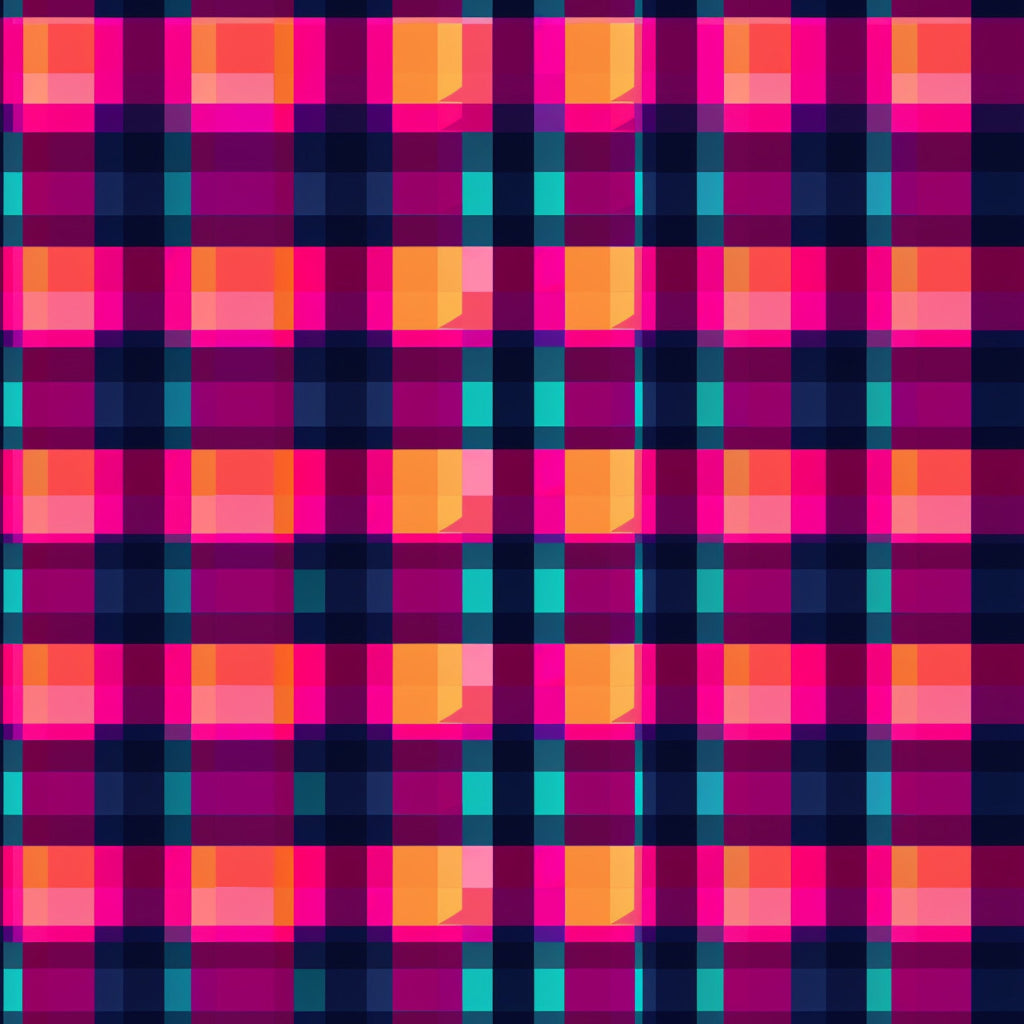 neon pink, hot pink, magenta, orange, coral, teal, turquoise, navy blue, purple, gingham pattern, checkered design, plaid weave, geometric squares, bright colors, vibrant hues, electric colors, fluorescent tones,, fabric panel, modern pattern, contemporary design, cross-hatch design, woven appearance