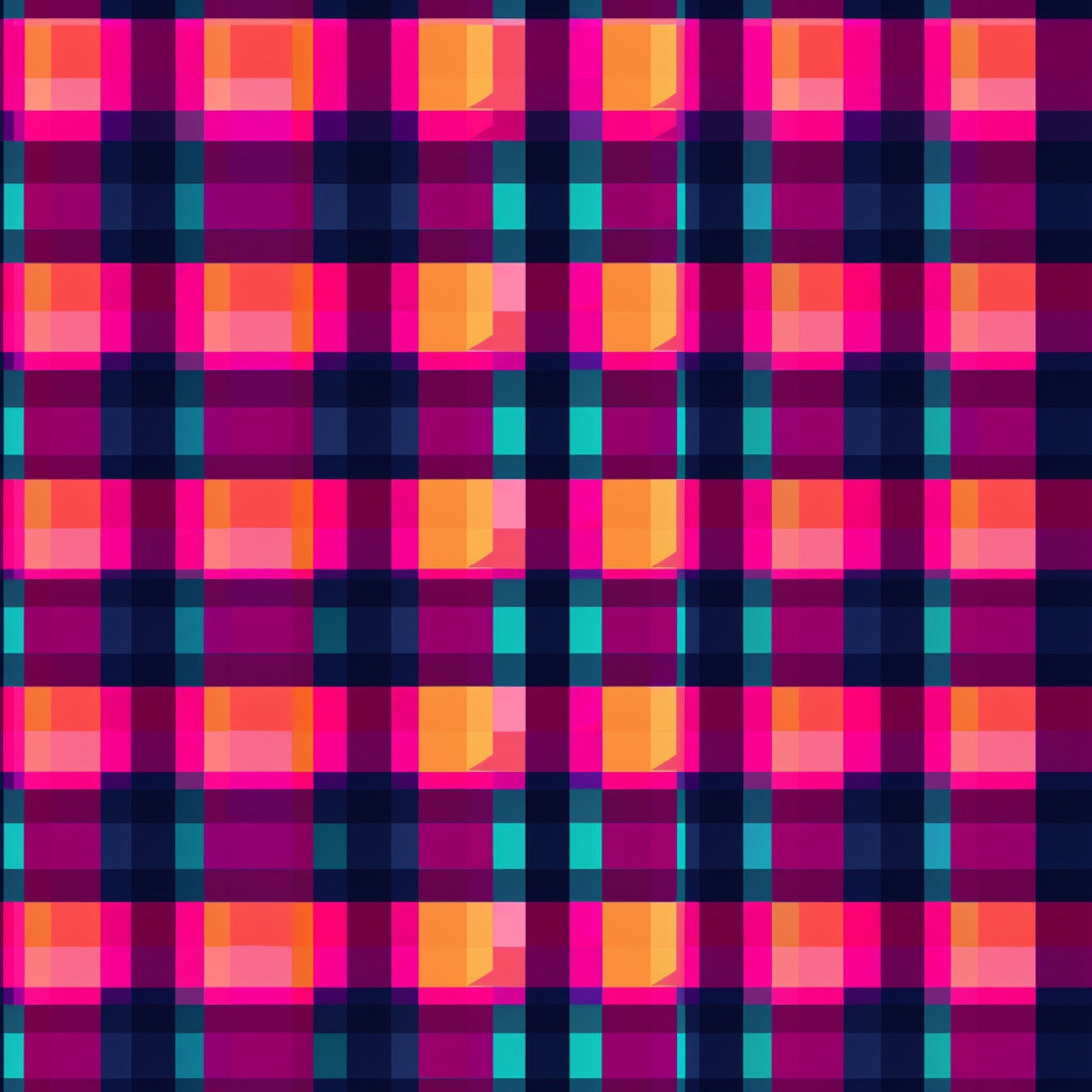 neon pink, hot pink, magenta, orange, coral, teal, turquoise, navy blue, purple, gingham pattern, checkered design, plaid weave, geometric squares, bright colors, vibrant hues, electric colors, fluorescent tones,, fabric panel, modern pattern, contemporary design, cross-hatch design, woven appearance