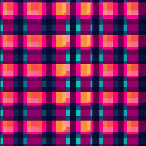 neon pink, hot pink, magenta, orange, coral, teal, turquoise, navy blue, purple, gingham pattern, checkered design, plaid weave, geometric squares, bright colors, vibrant hues, electric colors, fluorescent tones,, fabric panel, modern pattern, contemporary design, cross-hatch design, woven appearance