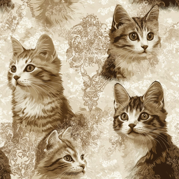 vintage cats, sepia tones, brown hues, cream background, lace patterns, ornate designs, kitten faces, tabby markings,, fabric panel, decorative motifs, nostalgic style, detailed illustrations, feline portraits, intricate lacework, monochromatic palette, realistic cat art, vintage aesthetic, ornamental elements, soft textures