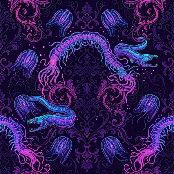 neon purple, hot pink, magenta, cyan blue, electric blue, dark purple, iridescent, jellyfish, sea creatures, bioluminescent, deep sea, ocean, nautical, celestial, mystical, fantasy, whimsical, psychedelic, baroque, ornate, damask, gothic, magical creatures, glow-in-the-dark aesthetic, alien, sci-fi, dreamlike, surreal, playroom, kids room