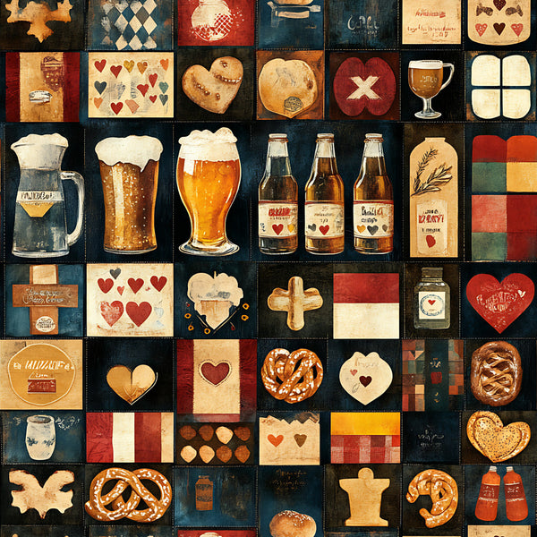 vintage beer, cream, navy blue, dark teal, burgundy red, rust orange, hearts, pretzels, beer mugs, brewing, german, bavarian, food and drink, rustic, distressed, retro, farmhouse, pub theme, beer lover, cottage core, warm earth tones, tan, gold, checkered, americana, patriotic, baked goods, bread, kitchen decor, culinary