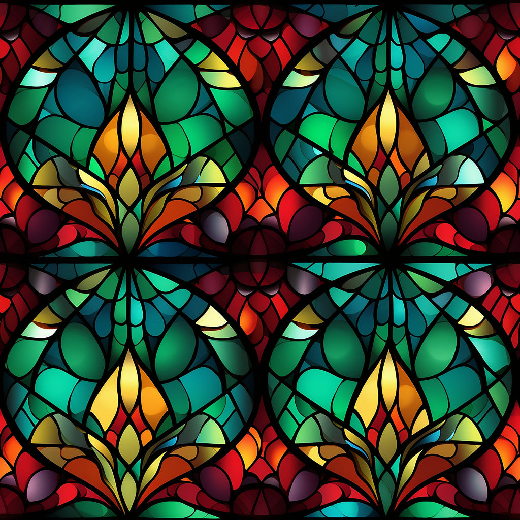 stained glass, emerald green, crimson red, amber yellow, teal blue, geometric pattern, floral motifs, kaleidoscope design, mosaic style,, fabric panel, christmas theme, holiday pattern, jewel tones, radial symmetry, ornate design, festive colors, repeating pattern, cotton fabric