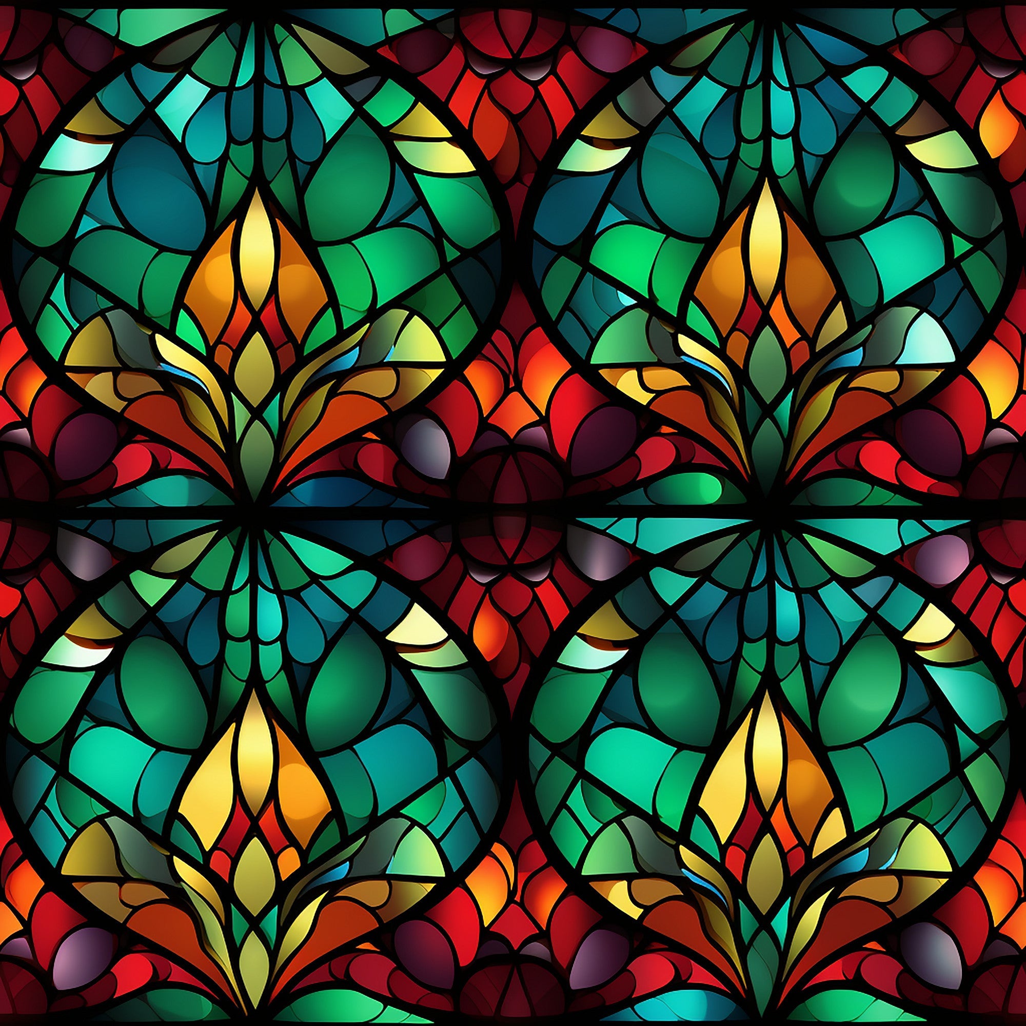 stained glass, emerald green, crimson red, amber yellow, teal blue, geometric pattern, floral motifs, kaleidoscope design, mosaic style,, fabric panel, christmas theme, holiday pattern, jewel tones, radial symmetry, ornate design, festive colors, repeating pattern, cotton fabric
