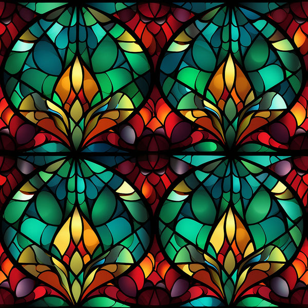 stained glass, emerald green, crimson red, amber yellow, teal blue, geometric pattern, floral motifs, kaleidoscope design, mosaic style,, fabric panel, christmas theme, holiday pattern, jewel tones, radial symmetry, ornate design, festive colors, repeating pattern, cotton fabric