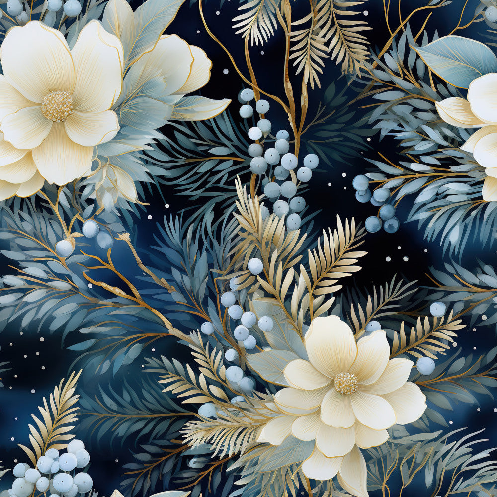 navy blue, cream white, gold accents, pale blue, floral, botanical, nature, elegant, modern, whimsical, celestial, winter, spring, delicate flowers, fern leaves, berries, four-petal blooms, feathery foliage, sophisticated, luxe, garden, botanical illustration, snowflake-like berries, white blossoms, blue-gray leaves, decorative branches, timeless, refined, nature-inspired, artistic