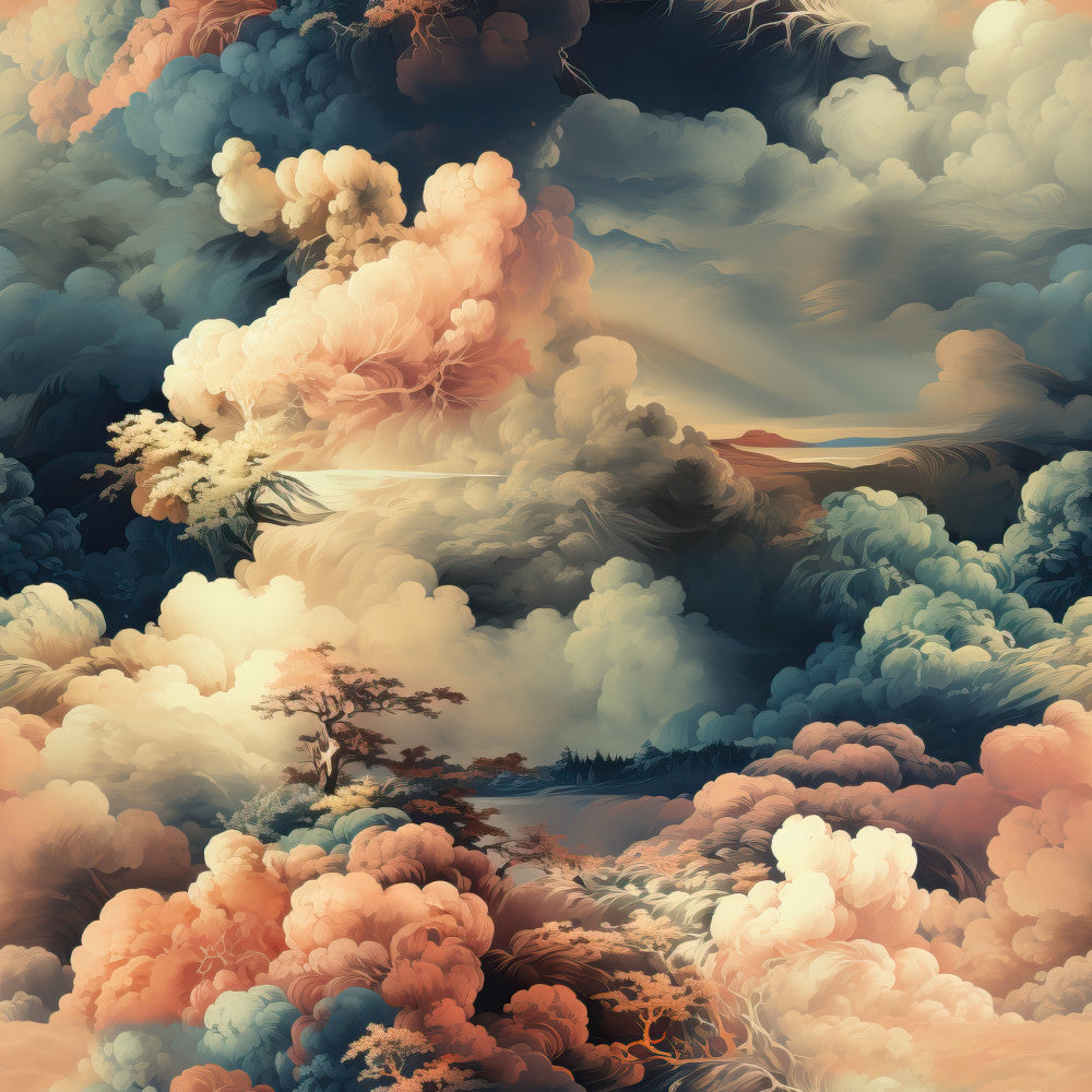 cloudy sky, dreamy clouds, soft peach, blush pink, cream white, dusty blue, warm gold, celestial, fantasy landscape, whimsical, ethereal, surreal, romantic, peaceful, serene, nature-inspired, mountain vista, scenic landscape, artistic, illustration style, soft and delicate, magical, dream-like, zen, meditation, calming, nursery décor, children's room, baby shower gift, wanderlust