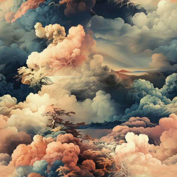 cloudy sky, dreamy clouds, soft peach, blush pink, cream white, dusty blue, warm gold, celestial, fantasy landscape, whimsical, ethereal, surreal, romantic, peaceful, serene, nature-inspired, mountain vista, scenic landscape, artistic, illustration style, soft and delicate, magical, dream-like, zen, meditation, calming, nursery décor, children's room, baby shower gift, wanderlust