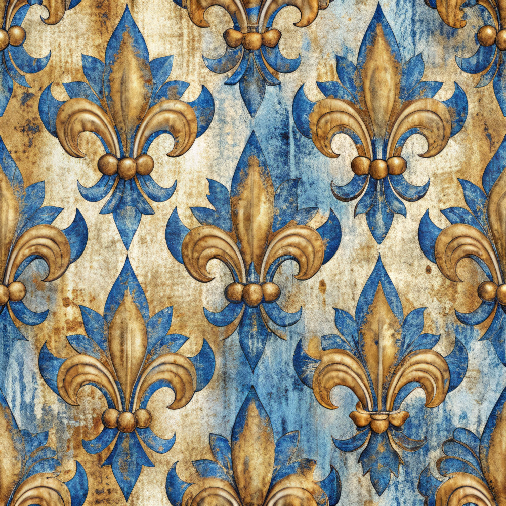 royal blue, gold, antique gold, cream, vintage, fleur de lis, ornamental, baroque, french, elegant, traditional, luxury, damask, regal, classic, decorative, heraldic, distressed, aged, european, formal, sophisticated, aristocratic, renaissance, ornate, imperial, coat of arms, historical, timeless, statement pattern