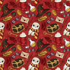 crimson red background, wizard hat, owl character, striped scarf, potion bottles, treasure chest, magic wand, quill feathers, round glasses, sealed envelope, golden key, hot chocolate mug, whimsical illustration, repeating pattern,, fabric panel, magical theme, cartoon style, burgundy tones, yellow accents