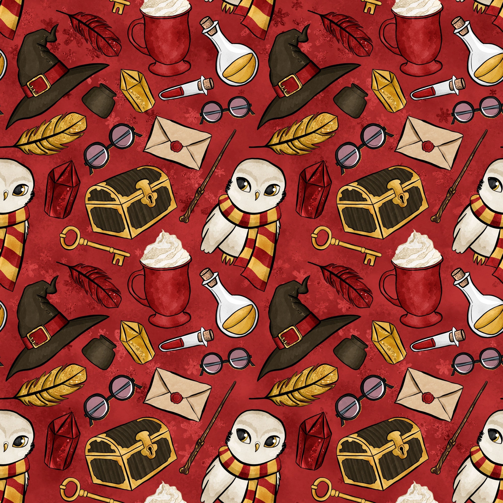 crimson red background, wizard hat, owl character, striped scarf, potion bottles, treasure chest, magic wand, quill feathers, round glasses, sealed envelope, golden key, hot chocolate mug, whimsical illustration, repeating pattern,, fabric panel, magical theme, cartoon style, burgundy tones, yellow accents