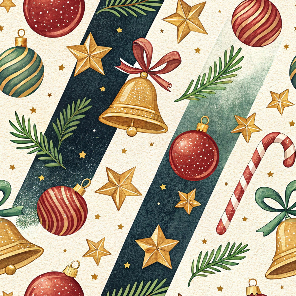 christmas ornaments, red ornaments, gold stars, green pine branches, candy canes, jingle bells, striped baubles, festive pattern,, fabric panel, holiday motifs, cream background, dark green stripes, watercolor style, seasonal design, winter decorations, ribbon bows, evergreen sprigs, christmas bells, holiday fabric