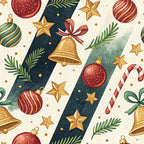 christmas ornaments, red ornaments, gold stars, green pine branches, candy canes, jingle bells, striped baubles, festive pattern,, fabric panel, holiday motifs, cream background, dark green stripes, watercolor style, seasonal design, winter decorations, ribbon bows, evergreen sprigs, christmas bells, holiday fabric