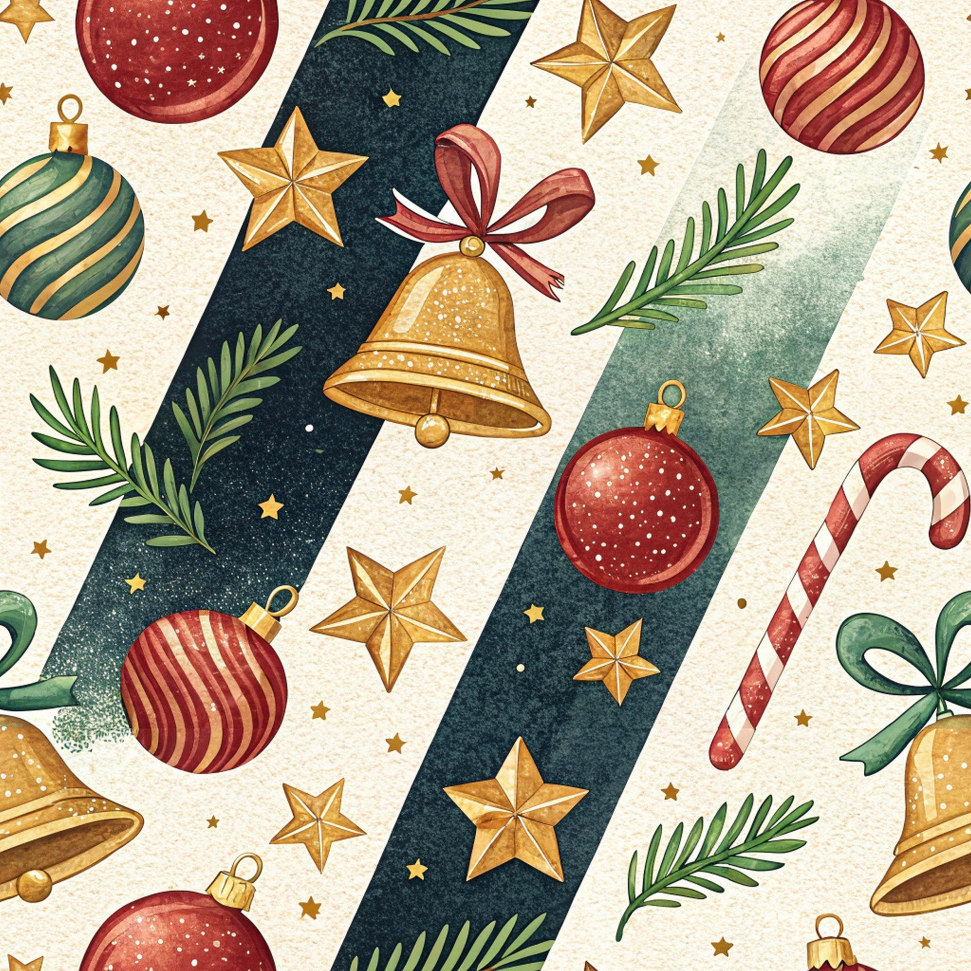 christmas ornaments, red ornaments, gold stars, green pine branches, candy canes, jingle bells, striped baubles, festive pattern,, fabric panel, holiday motifs, cream background, dark green stripes, watercolor style, seasonal design, winter decorations, ribbon bows, evergreen sprigs, christmas bells, holiday fabric