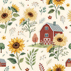 sunflower, barn, farmhouse, rural, countryside, golden yellow, cream, red barn, rustic, vintage, nature, floral, botanical, cottage core, fall harvest, autumn, summer, small flowers, wildflowers, leaves, foliage, whimsical, folk art, country, pastoral, agricultural, traditional, warm tones, brown, sage green
