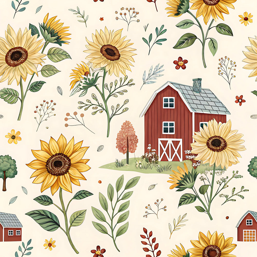 sunflower, barn, farmhouse, rural, countryside, golden yellow, cream, red barn, rustic, vintage, nature, floral, botanical, cottage core, fall harvest, autumn, summer, small flowers, wildflowers, leaves, foliage, whimsical, folk art, country, pastoral, agricultural, traditional, warm tones, brown, sage green