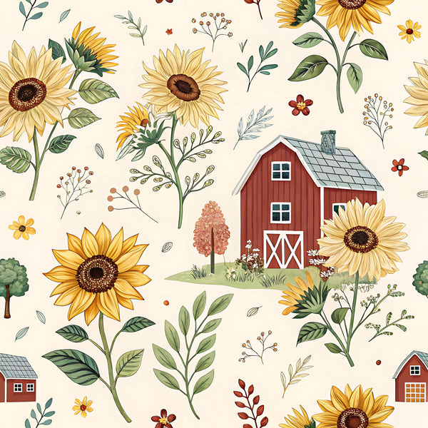 sunflower, barn, farmhouse, rural, countryside, golden yellow, cream, red barn, rustic, vintage, nature, floral, botanical, cottage core, fall harvest, autumn, summer, small flowers, wildflowers, leaves, foliage, whimsical, folk art, country, pastoral, agricultural, traditional, warm tones, brown, sage green
