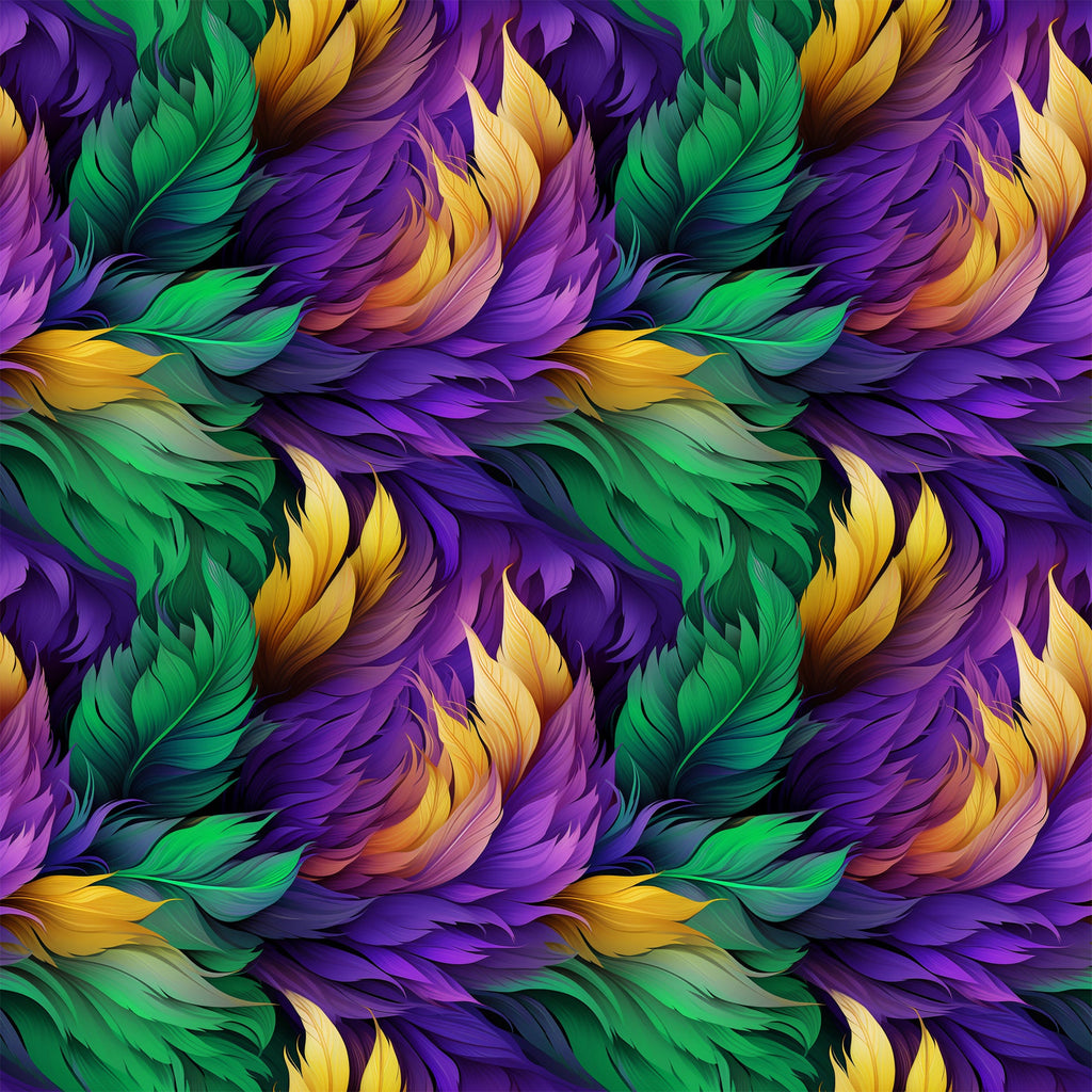 feathers, mardi gras, purple, green, gold, yellow, flowing pattern, ornate plumes, carnival theme,, fabric panel, swirling design, festive colors, decorative feathers, rich purples, emerald green, golden yellow, seamless repeat, luxurious texture, celebration motif