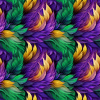 feathers, mardi gras, purple, green, gold, yellow, flowing pattern, ornate plumes, carnival theme,, fabric panel, swirling design, festive colors, decorative feathers, rich purples, emerald green, golden yellow, seamless repeat, luxurious texture, celebration motif