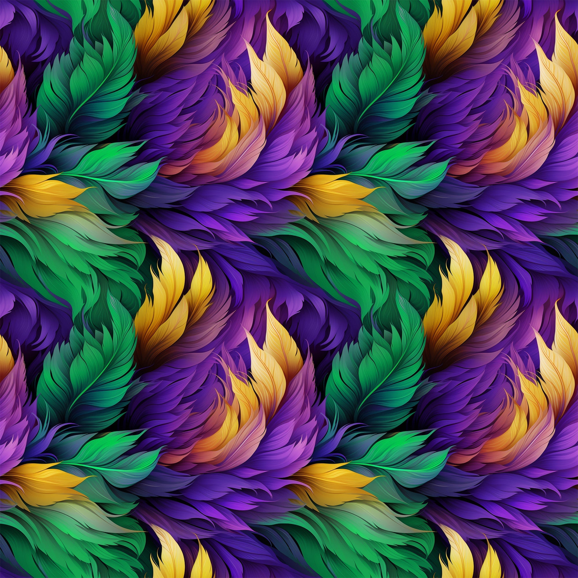 feathers, mardi gras, purple, green, gold, yellow, flowing pattern, ornate plumes, carnival theme,, fabric panel, swirling design, festive colors, decorative feathers, rich purples, emerald green, golden yellow, seamless repeat, luxurious texture, celebration motif
