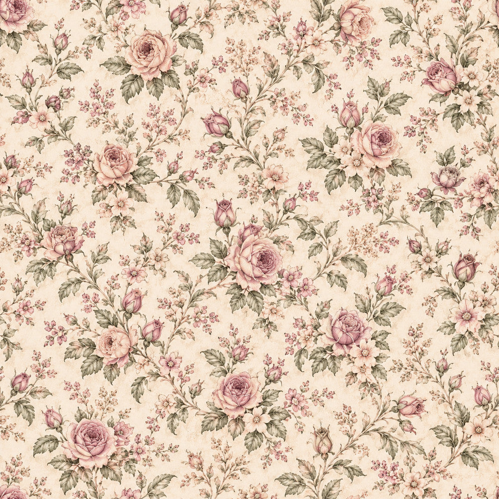 dusty rose, mauve, sage green, cream, vintage pink, floral, roses, botanical, garden, nature, traditional, elegant, romantic, vintage, shabby chic, cottage core, english garden, spring, summer, delicate flowers, buds, leaves, foliage, classic, timeless, feminine, gentle, soft florals