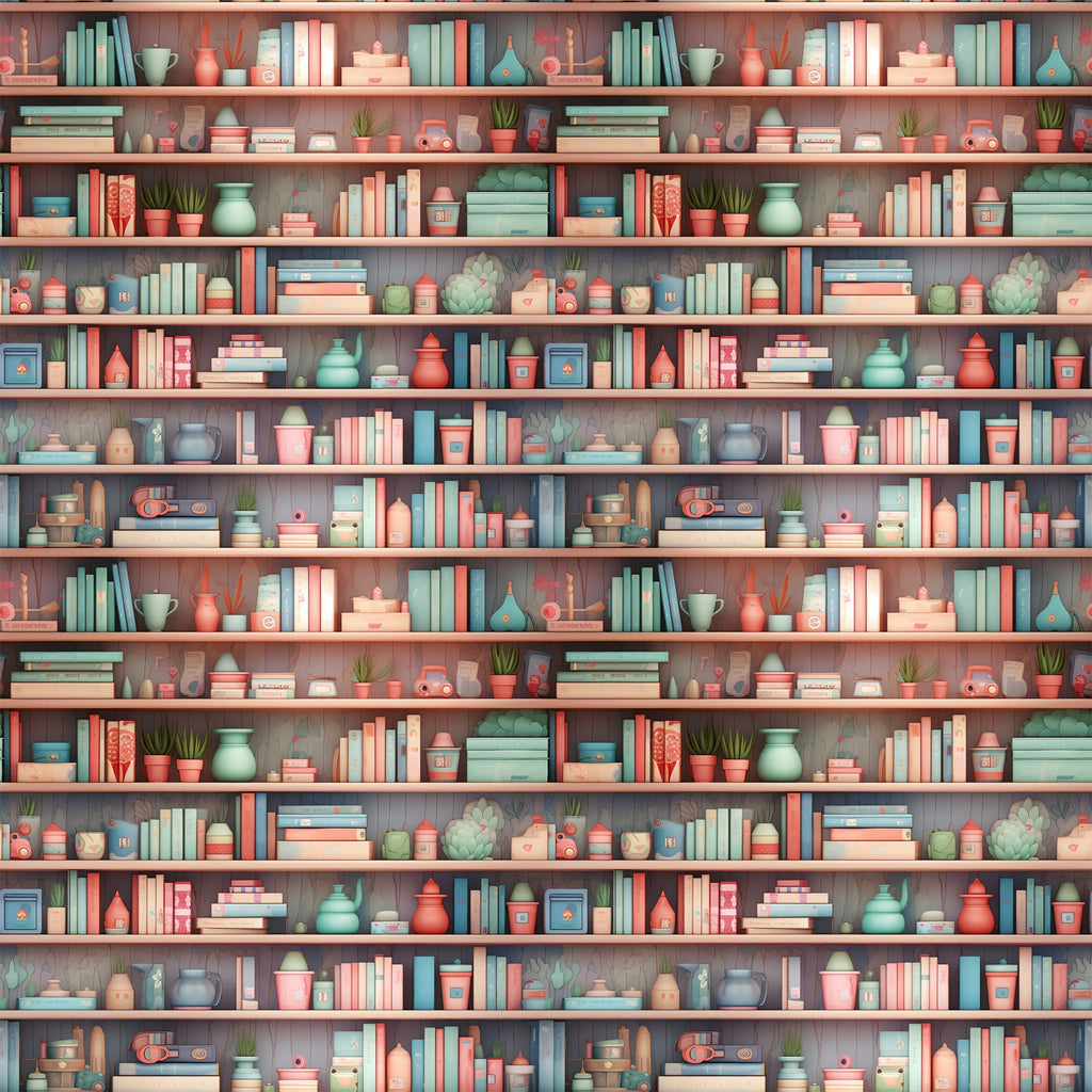 coral pink, sage green, teal blue, cream, bookshelf pattern, stacked books, pottery vessels, small plants, succulents, teapots, decorative objects, repeating shelves, cozy library, vintage style,, fabric panel, horizontal stripes, home library, reading nook, soft pastels