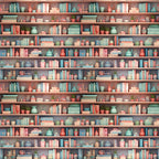 coral pink, sage green, teal blue, cream, bookshelf pattern, stacked books, pottery vessels, small plants, succulents, teapots, decorative objects, repeating shelves, cozy library, vintage style,, fabric panel, horizontal stripes, home library, reading nook, soft pastels