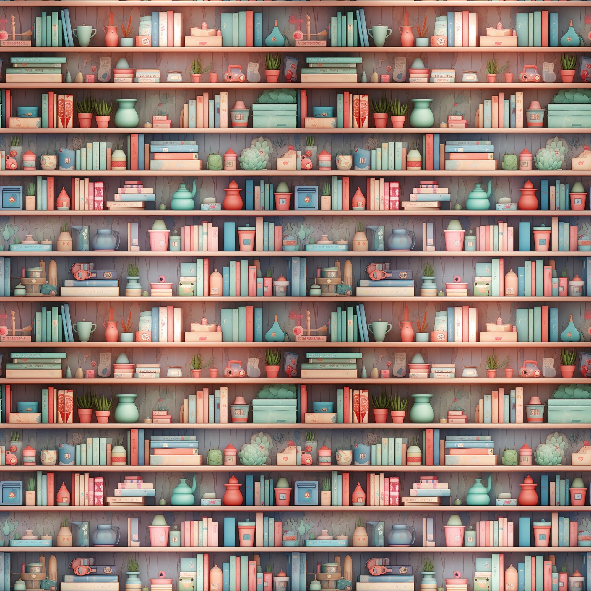 coral pink, sage green, teal blue, cream, bookshelf pattern, stacked books, pottery vessels, small plants, succulents, teapots, decorative objects, repeating shelves, cozy library, vintage style,, fabric panel, horizontal stripes, home library, reading nook, soft pastels