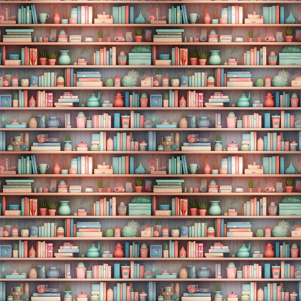 coral pink, sage green, teal blue, cream, bookshelf pattern, stacked books, pottery vessels, small plants, succulents, teapots, decorative objects, repeating shelves, cozy library, vintage style,, fabric panel, horizontal stripes, home library, reading nook, soft pastels