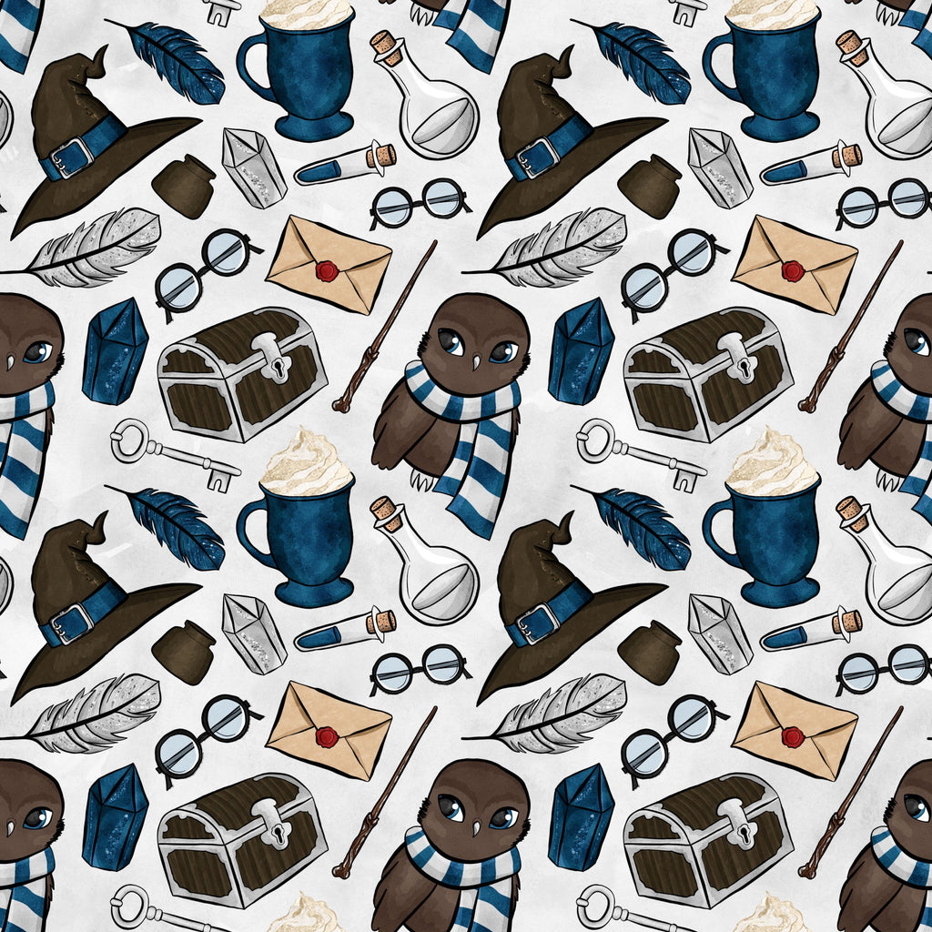 brown owl, blue scarf, wizard hat, potion bottles, treasure chest, feathers, round glasses, magic wand, envelope, skeleton key, hot chocolate mug,, repeating pattern, whimsical design, fantasy theme, magical elements, navy blue, cream background, cute characters, school supplies