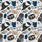 brown owl, blue scarf, wizard hat, potion bottles, treasure chest, feathers, round glasses, magic wand, envelope, skeleton key, hot chocolate mug,, repeating pattern, whimsical design, fantasy theme, magical elements, navy blue, cream background, cute characters, school supplies