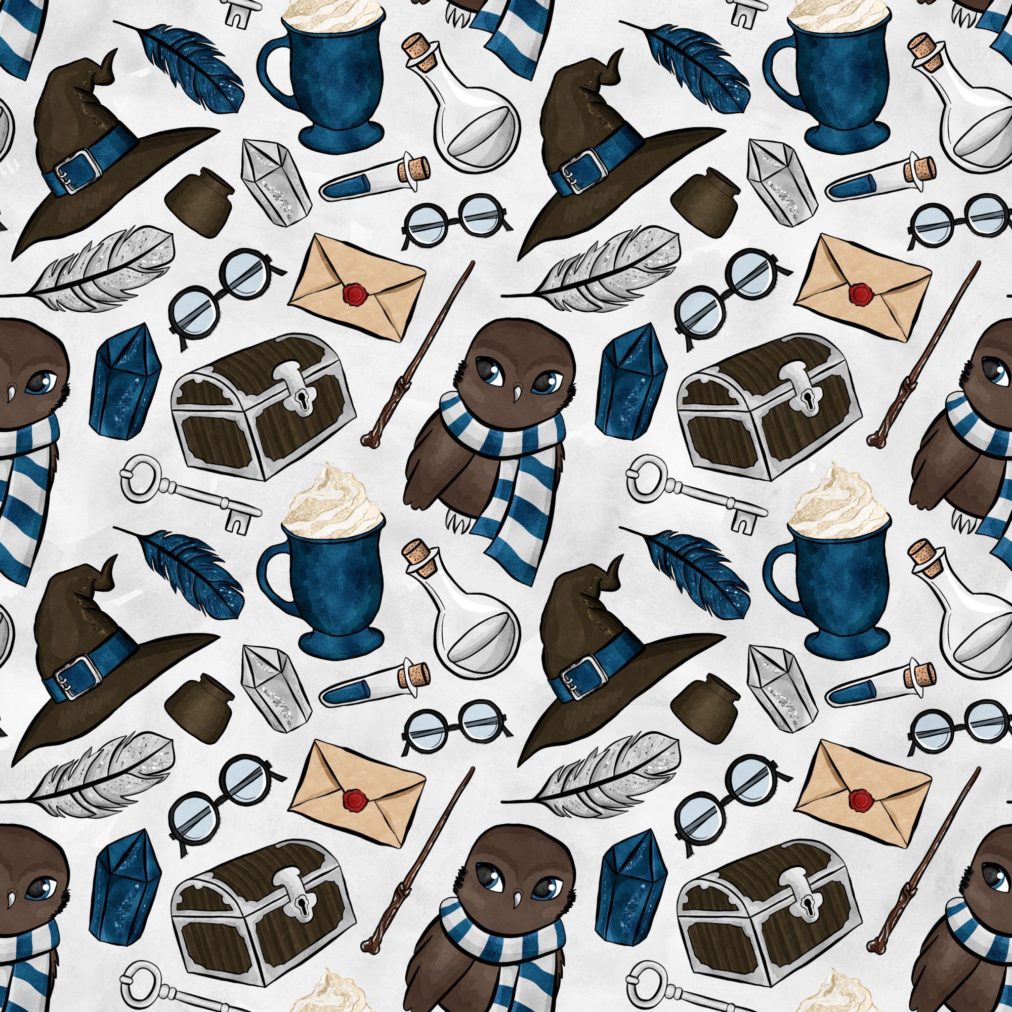 brown owl, blue scarf, wizard hat, potion bottles, treasure chest, feathers, round glasses, magic wand, envelope, skeleton key, hot chocolate mug,, repeating pattern, whimsical design, fantasy theme, magical elements, navy blue, cream background, cute characters, school supplies