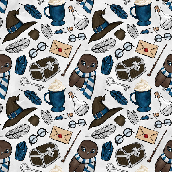 brown owl, blue scarf, wizard hat, potion bottles, treasure chest, feathers, round glasses, magic wand, envelope, skeleton key, hot chocolate mug,, repeating pattern, whimsical design, fantasy theme, magical elements, navy blue, cream background, cute characters, school supplies
