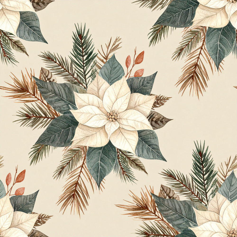 cream poinsettia, white poinsettia, forest green, sage green, teal, dusty rose, rust brown, botanical, floral, nature, winter, christmas, holiday, evergreen branches, pine needles, elegant, traditional, vintage, festive, seasonal, decorative florals, leaf motifs, berry accents, neutral tones, warm tones, nursery, home decor, sophisticated, timeless