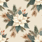 cream poinsettia, white poinsettia, forest green, sage green, teal, dusty rose, rust brown, botanical, floral, nature, winter, christmas, holiday, evergreen branches, pine needles, elegant, traditional, vintage, festive, seasonal, decorative florals, leaf motifs, berry accents, neutral tones, warm tones, nursery, home decor, sophisticated, timeless