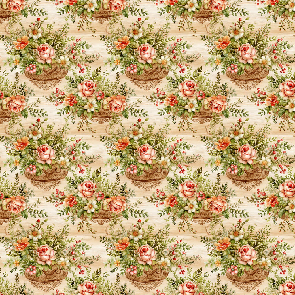 floral pattern, vintage roses, ornate baskets, pink roses, cream background, botanical design, repeating motif,, fabric panel, cottage core, romantic florals, peachy pink, sage green, decorative urns, garden flowers, feminine aesthetic, soft pastels, english garden, flower arrangements, delicate berries