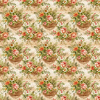 floral pattern, vintage roses, ornate baskets, pink roses, cream background, botanical design, repeating motif,, fabric panel, cottage core, romantic florals, peachy pink, sage green, decorative urns, garden flowers, feminine aesthetic, soft pastels, english garden, flower arrangements, delicate berries