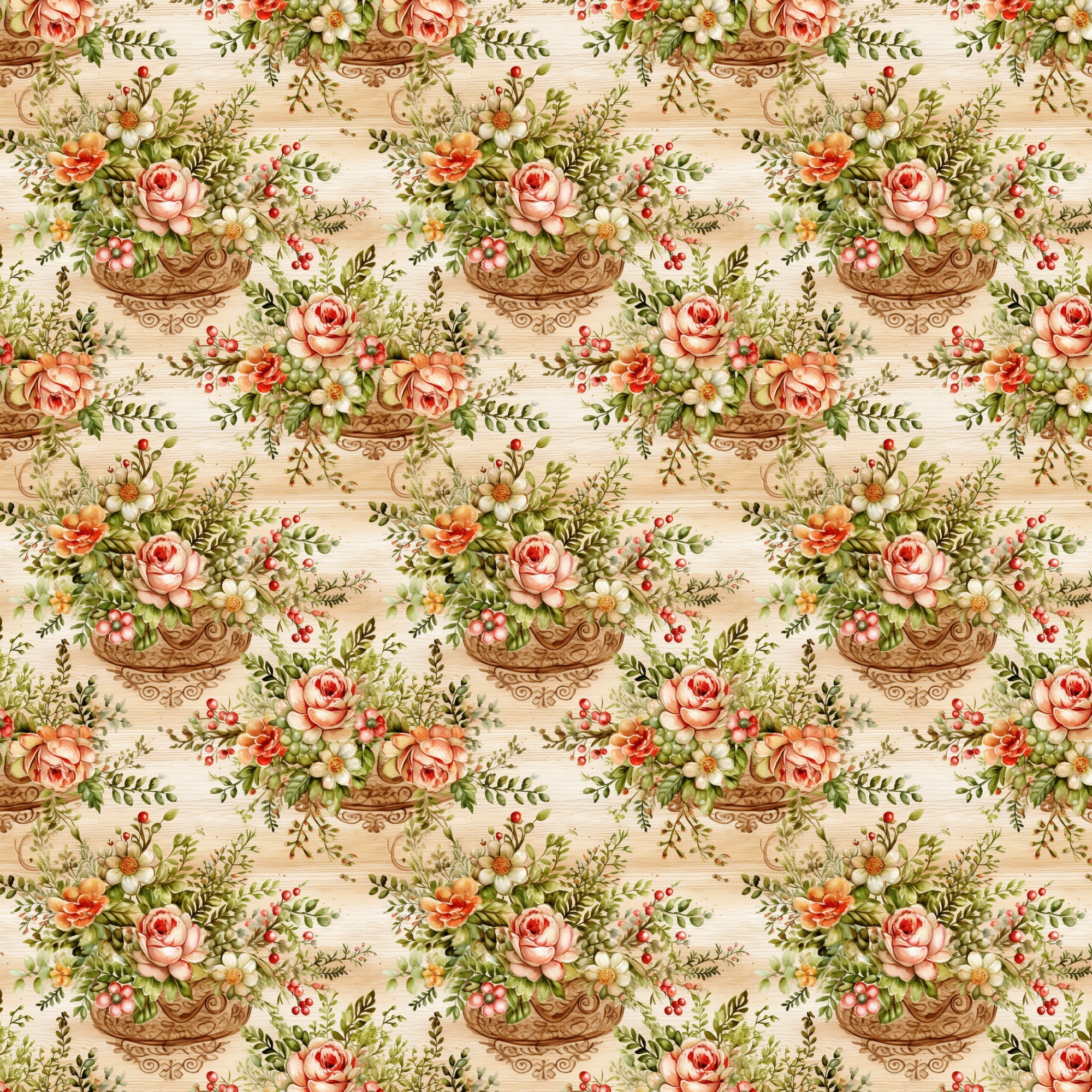 floral pattern, vintage roses, ornate baskets, pink roses, cream background, botanical design, repeating motif,, fabric panel, cottage core, romantic florals, peachy pink, sage green, decorative urns, garden flowers, feminine aesthetic, soft pastels, english garden, flower arrangements, delicate berries