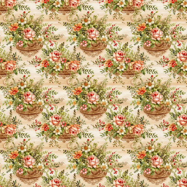 floral pattern, vintage roses, ornate baskets, pink roses, cream background, botanical design, repeating motif,, fabric panel, cottage core, romantic florals, peachy pink, sage green, decorative urns, garden flowers, feminine aesthetic, soft pastels, english garden, flower arrangements, delicate berries
