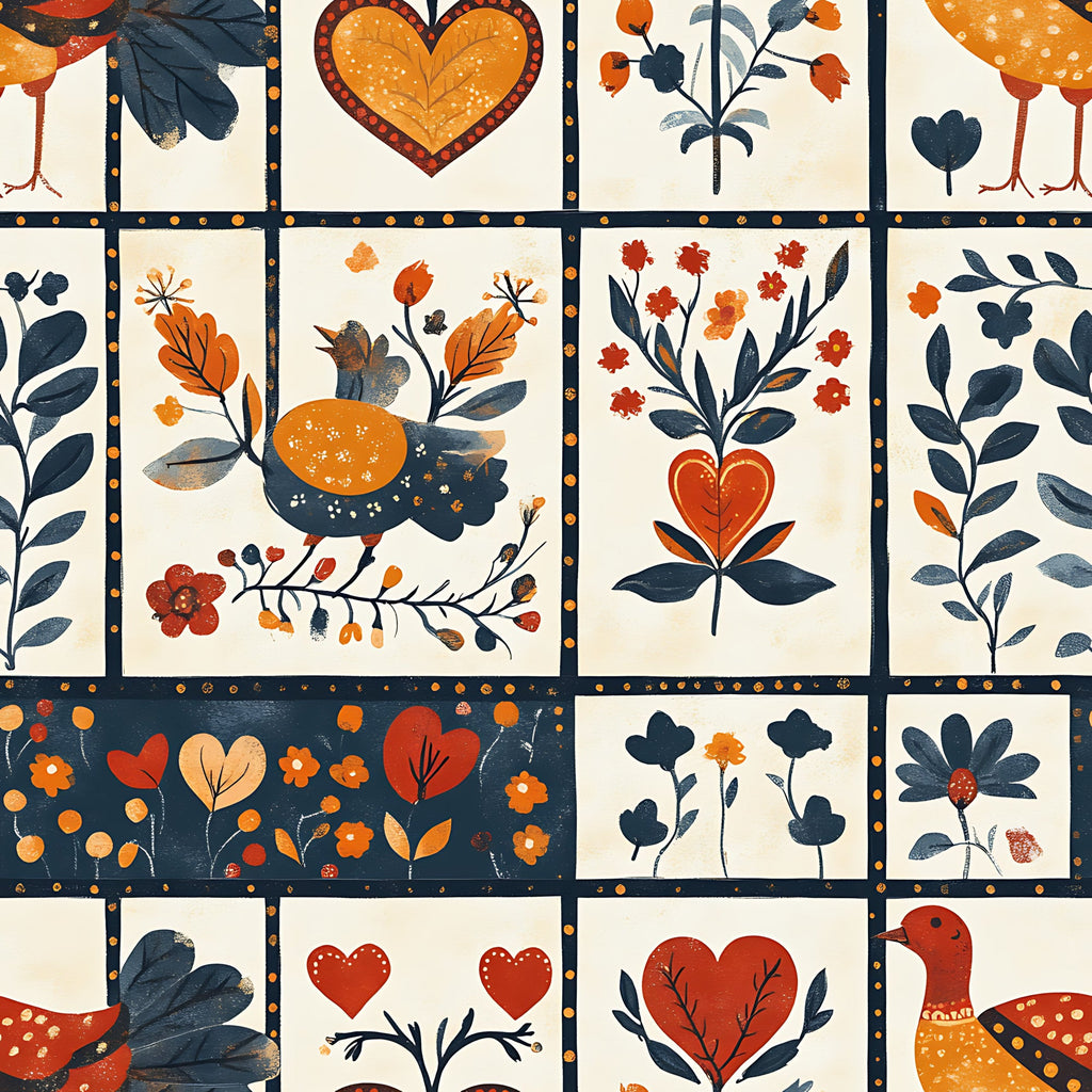 orange, navy blue, red, cream, folk art, hearts, birds, flowers, botanical motifs, patchwork squares,, fabric panel, autumn colors, decorative stitching, floral patterns, rustic style, country charm, geometric blocks, hand-drawn aesthetic, warm palette